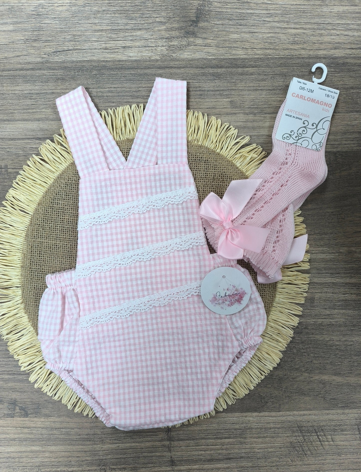 Ranita de bebé niña en cuadros vichy rosa y blanco con tirantes