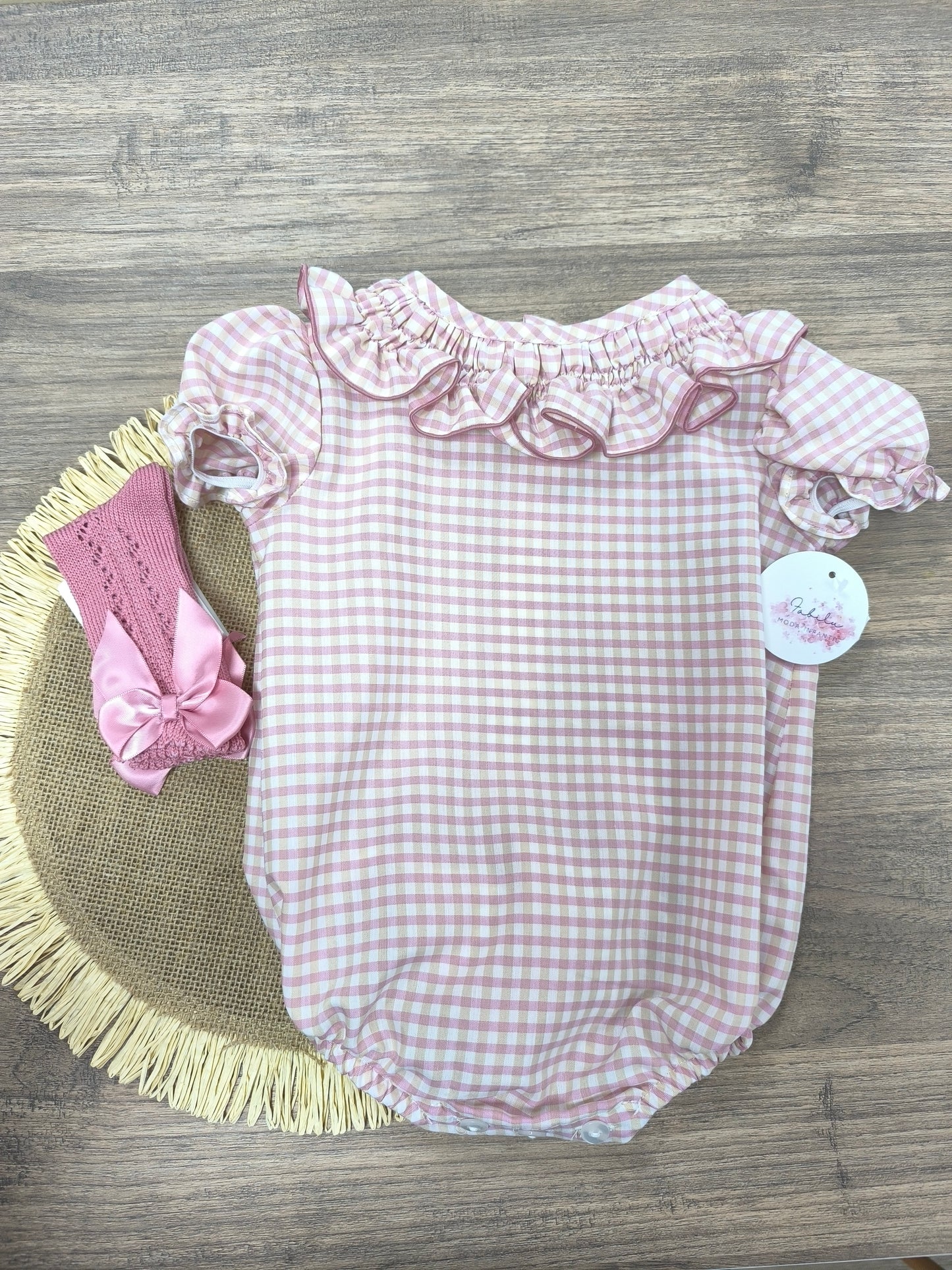 Pelele Vichy Rosa Maquillaje y Beige para Bebé | Pelele de Algodón Fresquito con Maxicuello Fruncido