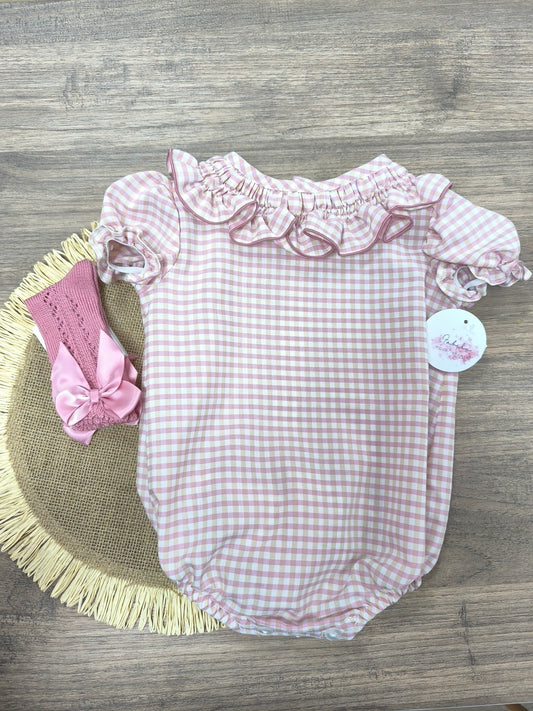 Pelele Vichy Rosa Maquillaje y Beige para Bebé | Pelele de Algodón Fresquito con Maxicuello Fruncido