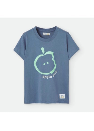Camiseta infantil de manga corta en azul con estampado de una manzana| Marca Waterlemon
