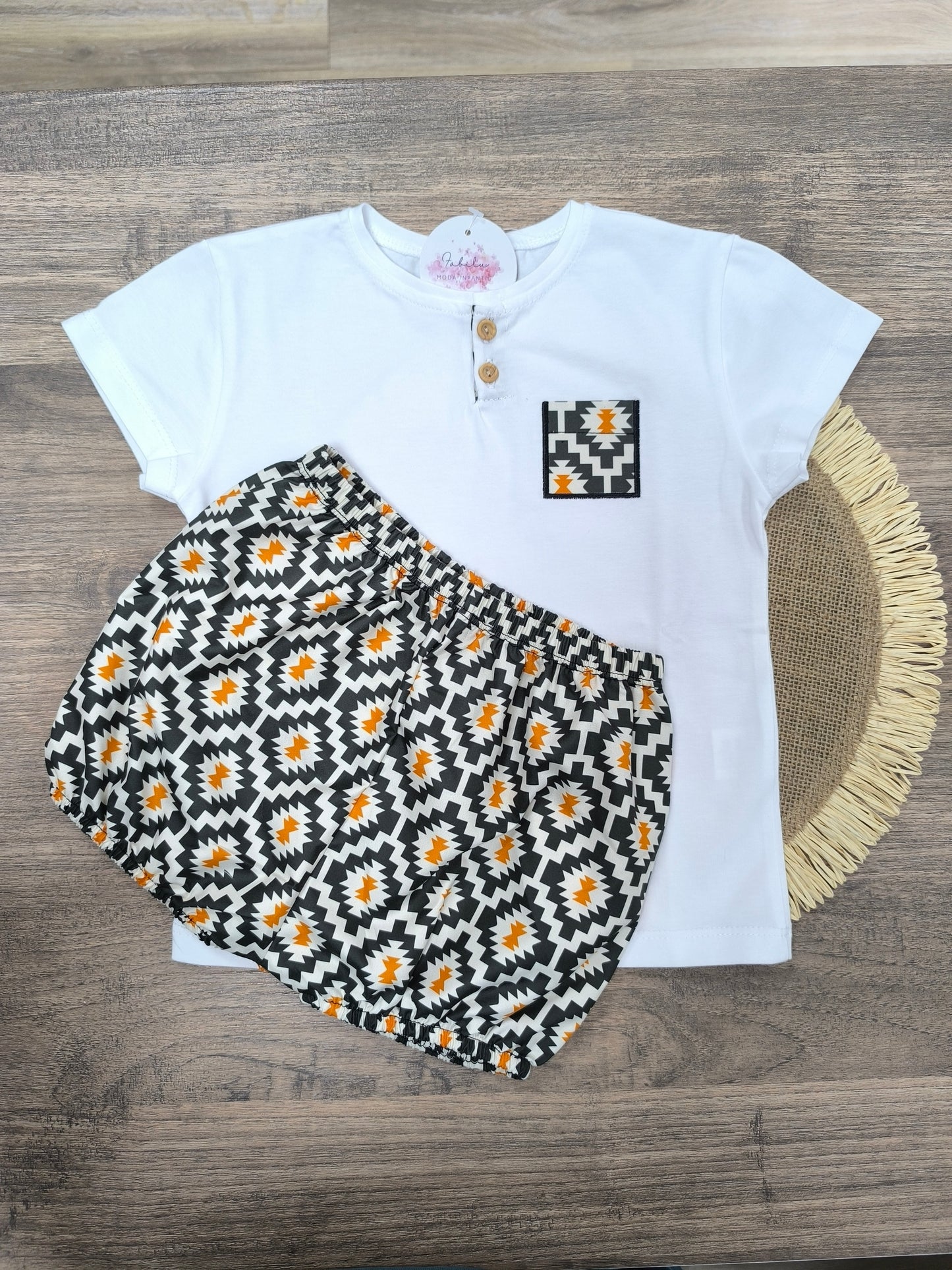 Conjunto Étnico Niño de Dos Piezas | Conjunto Veraniego de Algodón con Pololo Estampado