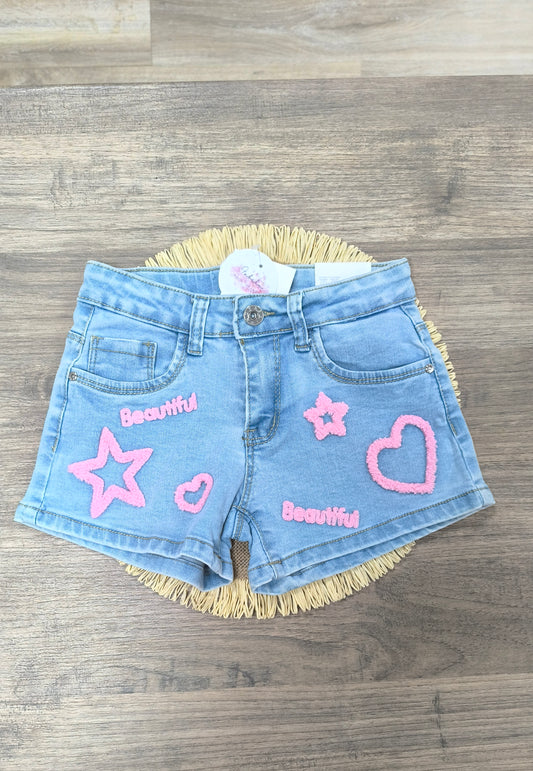 Pantalón Vaquero Corto para Niña con Bordados en Rosa | Short Denim con Letras y Dibujos