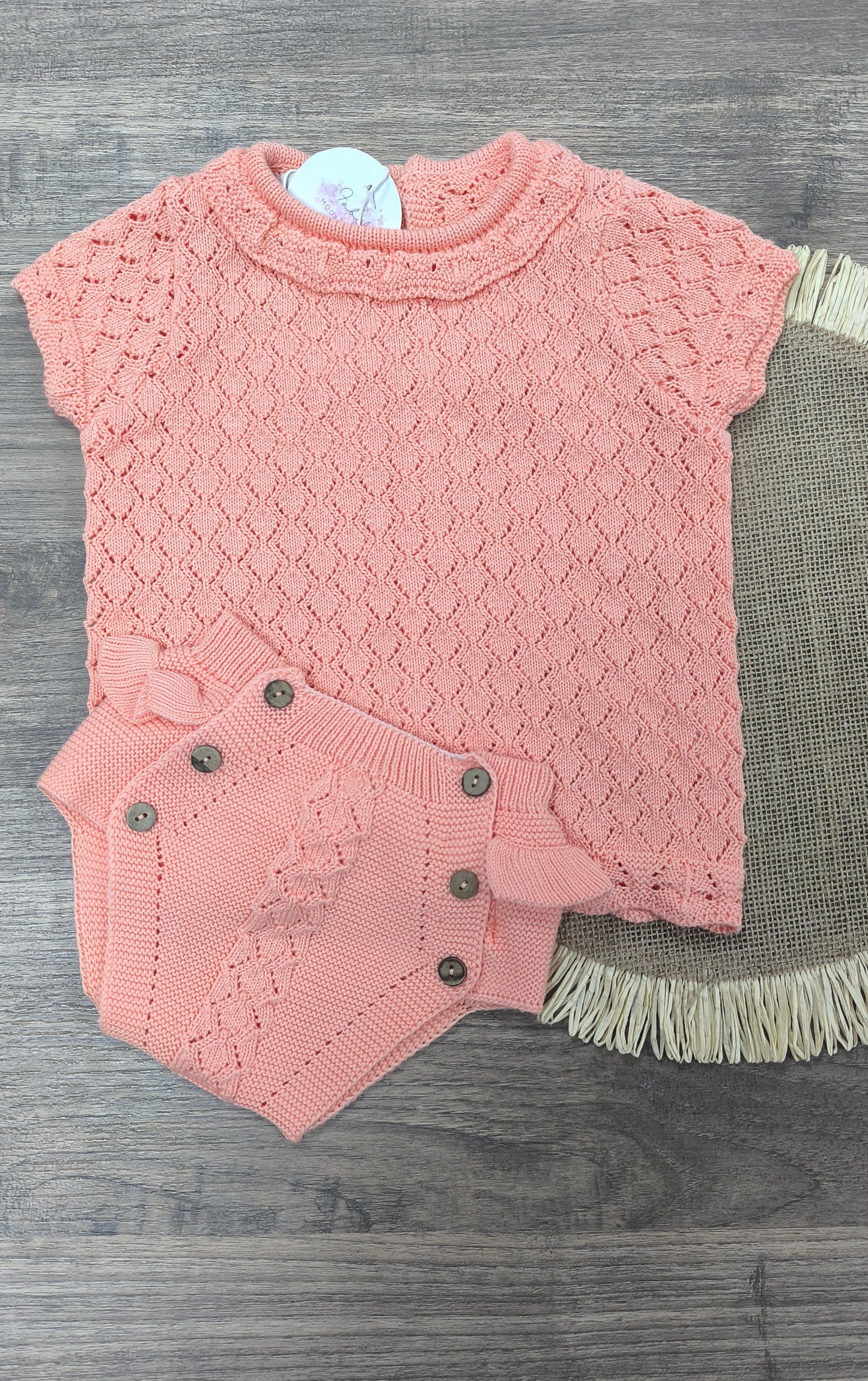 Conjunto de Hilo Mandarina | Conjunto de Bebé de Dos Piezas con Calado y Volantes