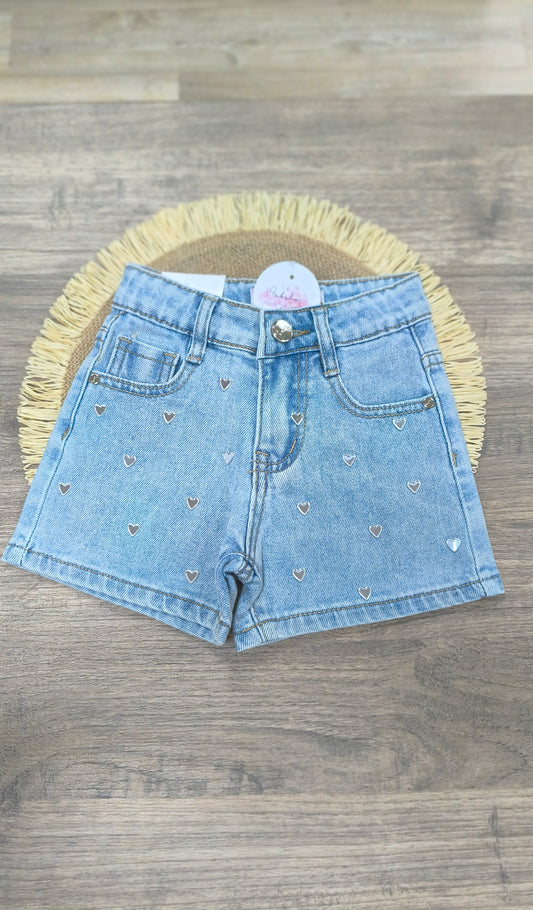 Pantalón Vaquero Corto para Niña con Tachuelas en Forma de Corazón | Short Denim Estilo Moderno