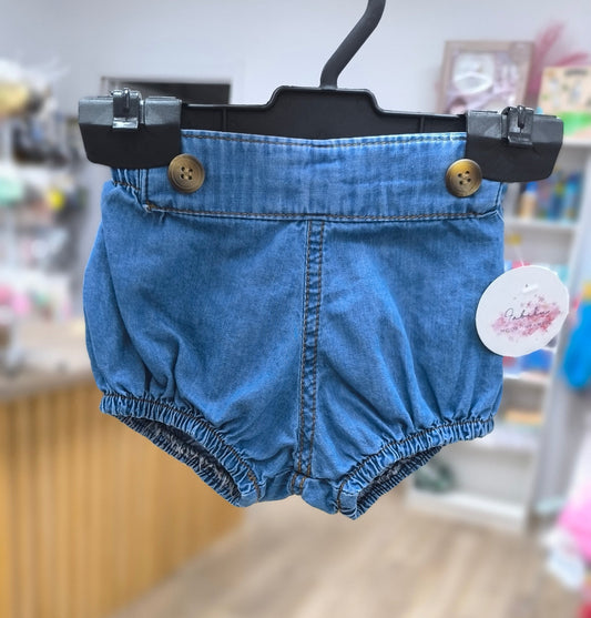 Ranita de bebé en tejido vaquero claro unisex con elástico suave y botones decorativos