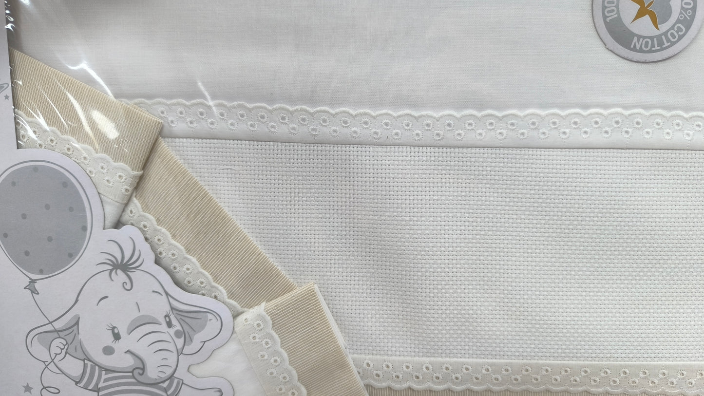 Juego de Sábanas para Cuna 100% Algodón 100x160 cm - Color Blanco y Beige - Ideal para Bordar
