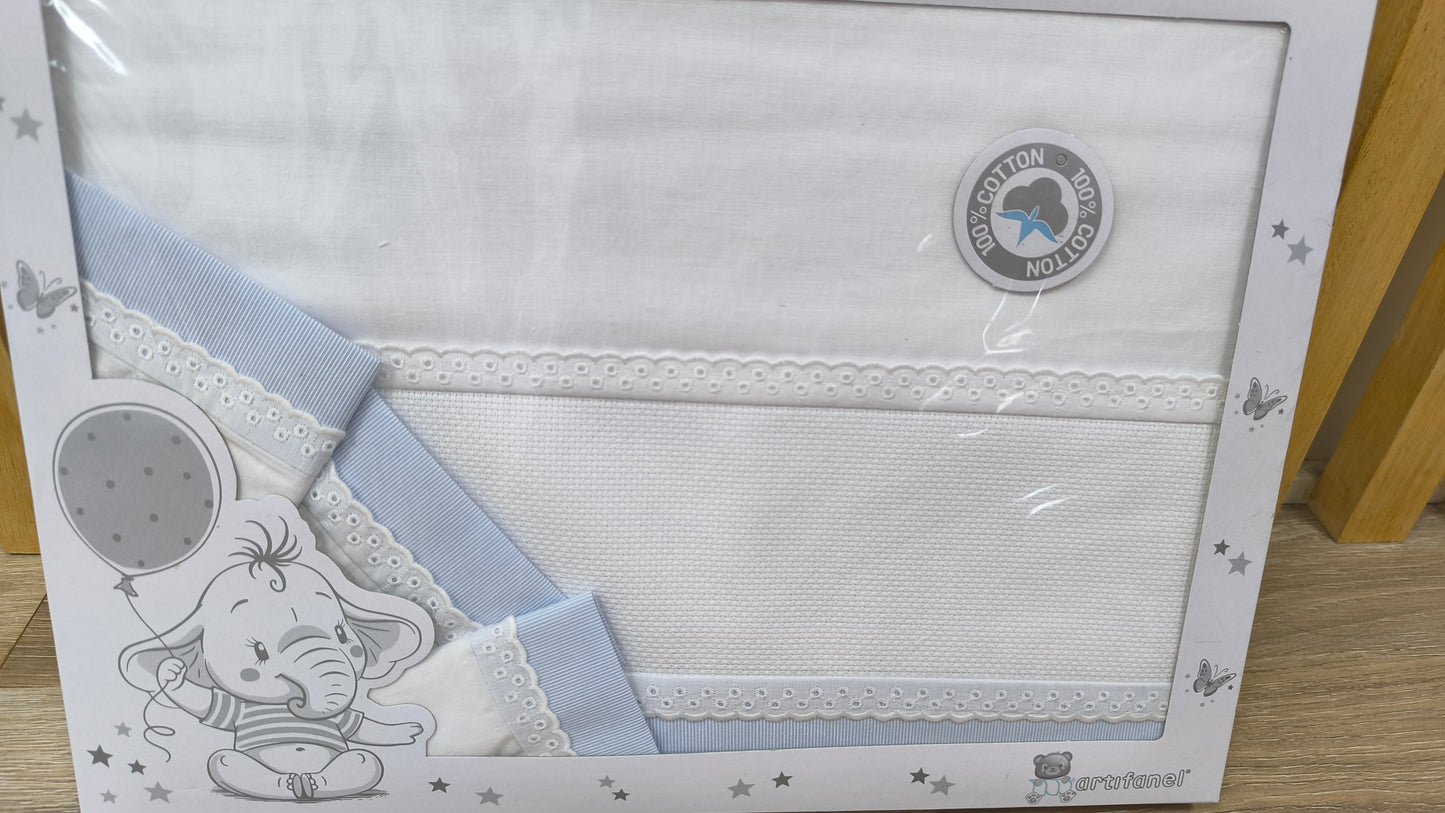 Juego de Sábanas para Cuna 100% Algodón 100x160 cm - Color Blanco y Celeste - Ideal para Bordar