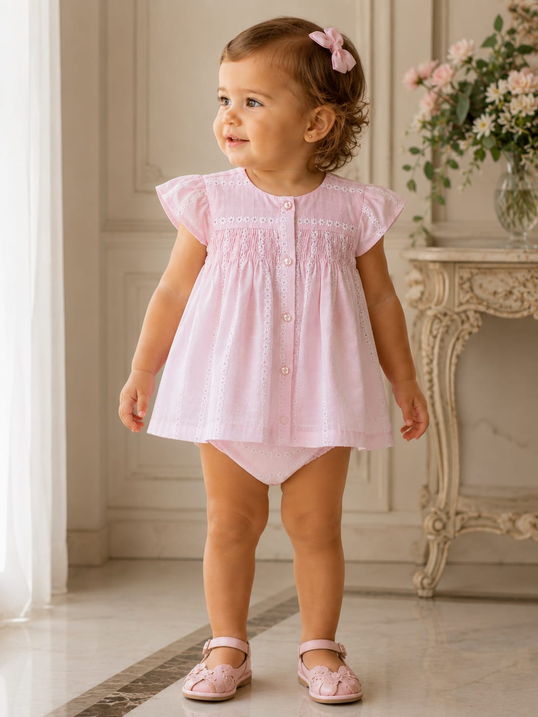 Vestido bebé de gasa rosa con cubrepañal | estampado floral y panal de abeja