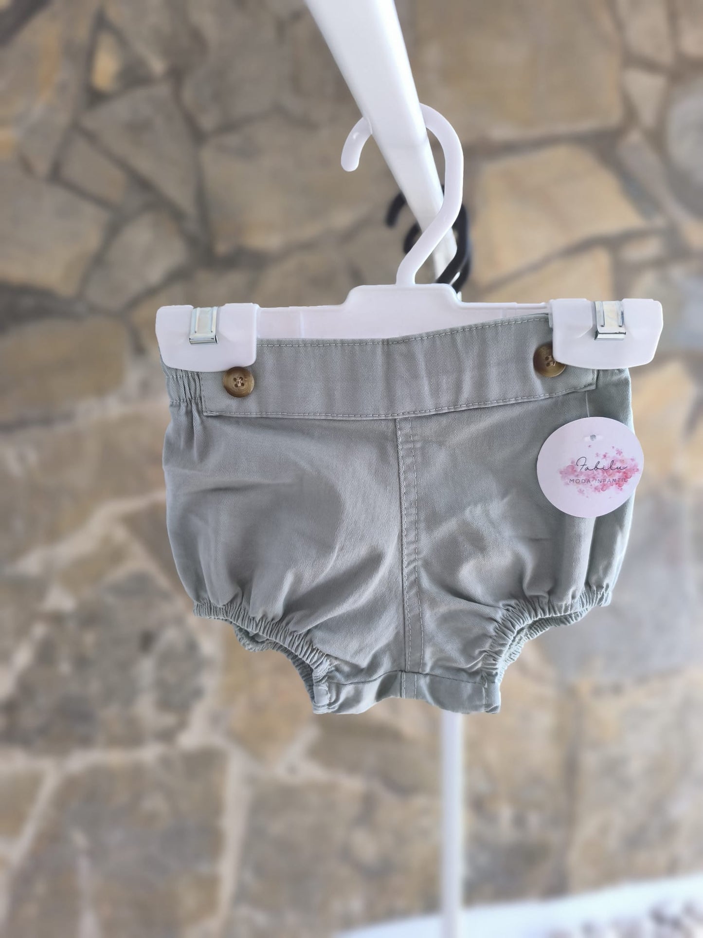 Ranita de bebé verde seco unisex con elástico suave y botones decorativos