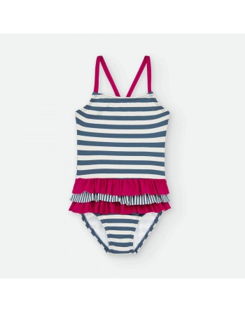 Bañador Niña Waterlemon Rayas Blanco y Azul Marino con Volantes Rojos – Tirantes Cruzados