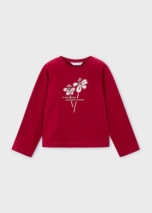 Camiseta básica de manga larga - Color Cereza con flor niña - Mayoral