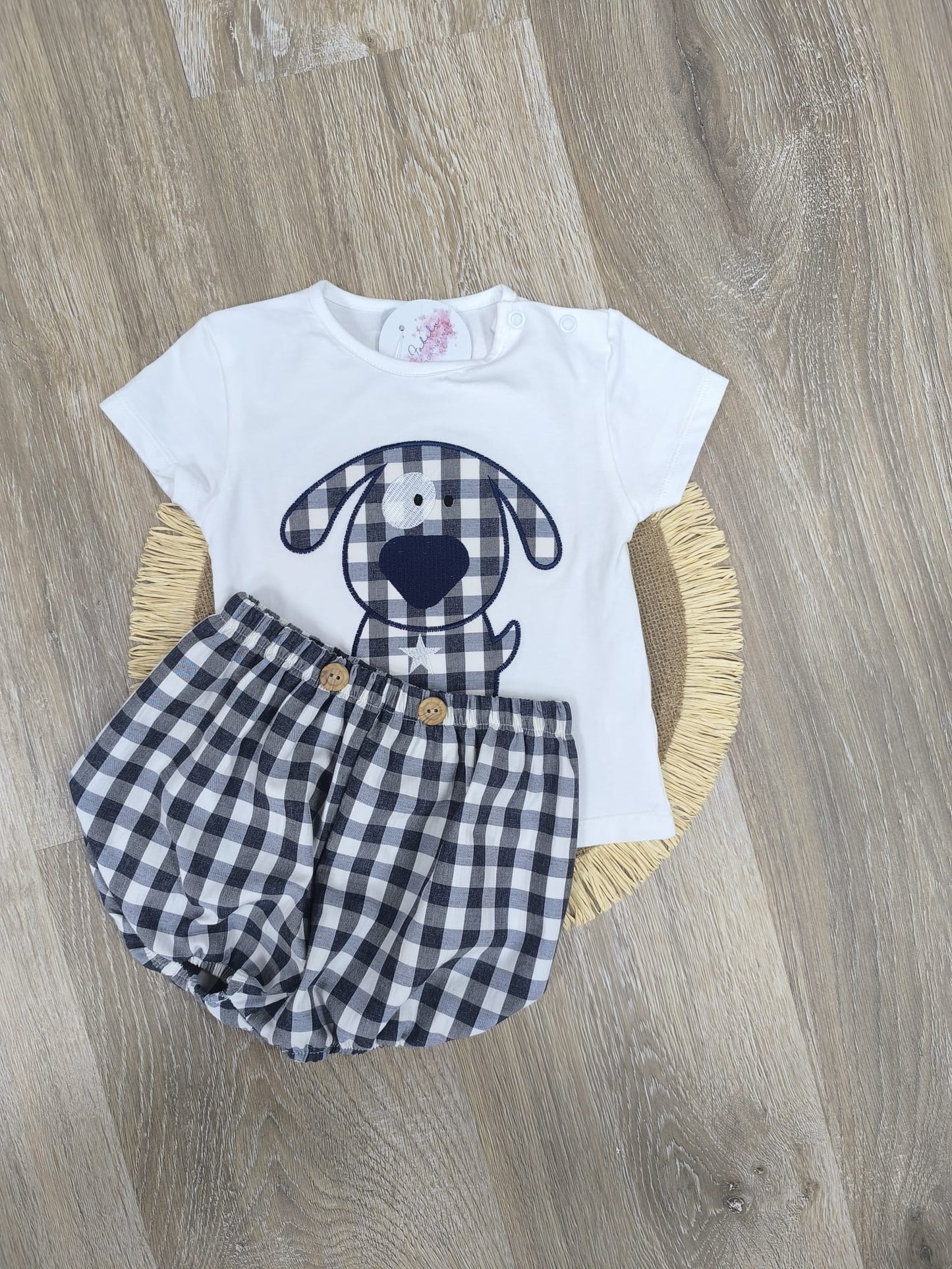 Conjunto bebé perrito vichy azul marino | Camiseta manga corta con pololo
