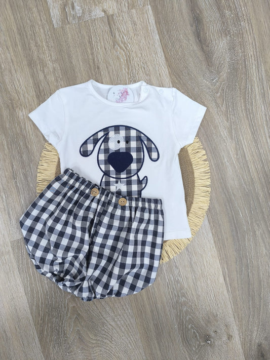 Conjunto bebé perrito vichy azul marino | Camiseta manga corta con pololo