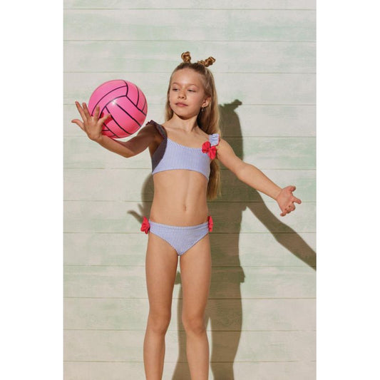 Bikini de Niña de Dos Piezas a Rayas Azul y Blanco con Detalles en Rojo
