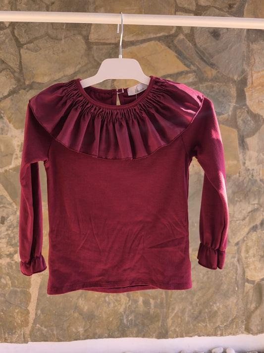 Camiseta niña manga larga de algodón con maxicuello volante y puños con volantitos
