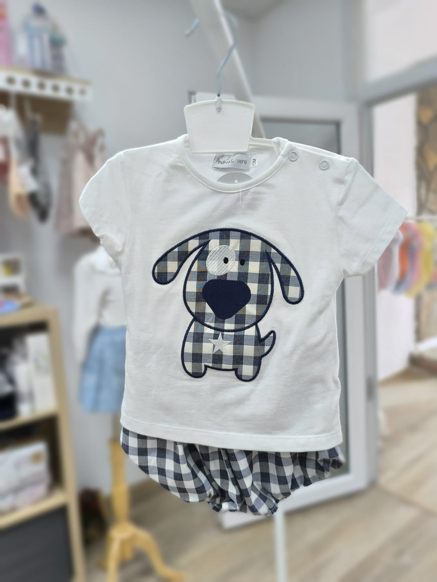 Conjunto bebé perrito vichy azul marino | Camiseta manga corta con pololo