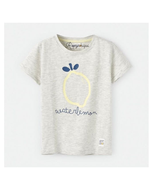 Camiseta infantil de manga corta en gris con estampado de limón | Marca Waterlemon