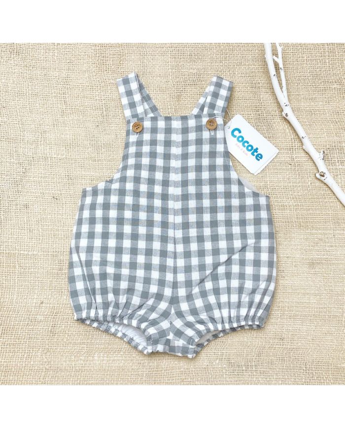 Peto de bebé unisex de cuadros vichy blanco y gris | Cocote |Tirantes cruzados