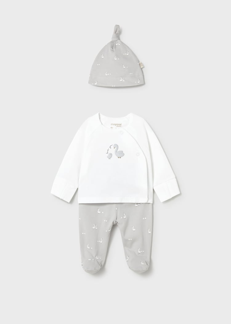 Conjunto de primera puesta de 3 piezas en algodón | polaina, camiseta y gorrito con patitos 🐥