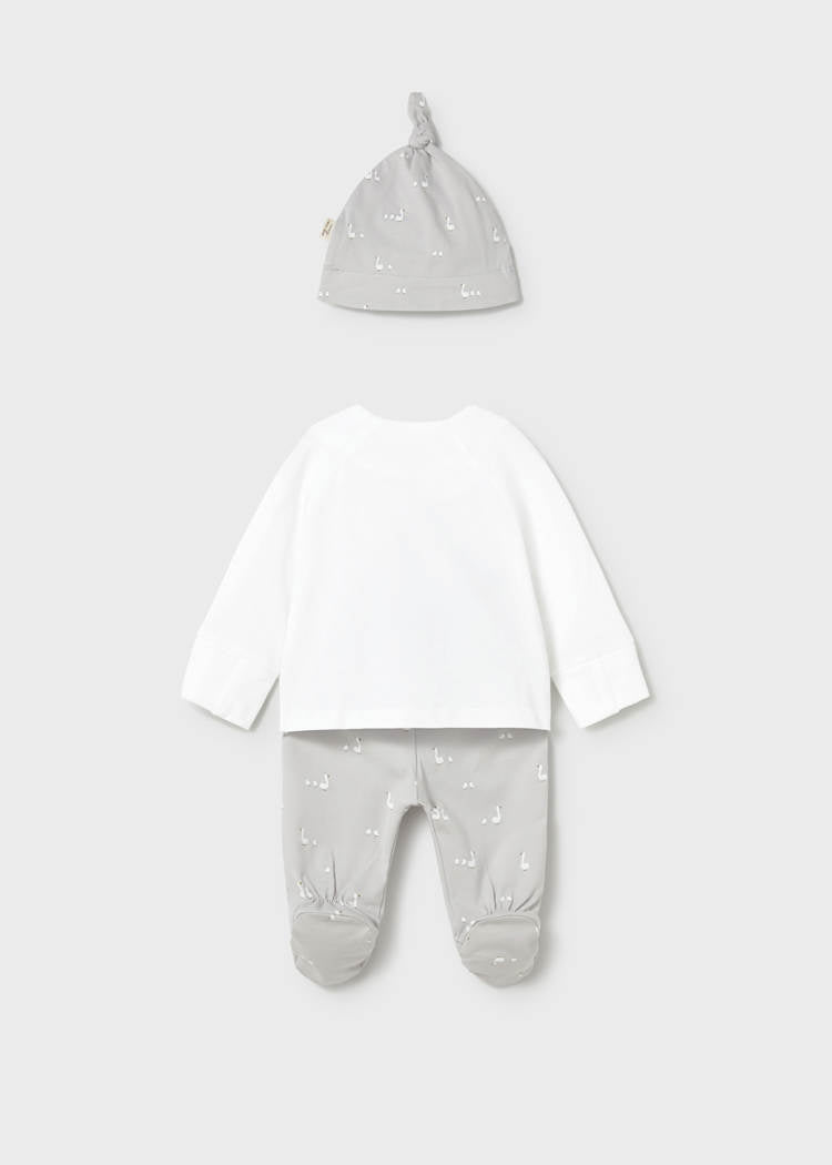 Conjunto de primera puesta de 3 piezas en algodón | polaina, camiseta y gorrito con patitos 🐥