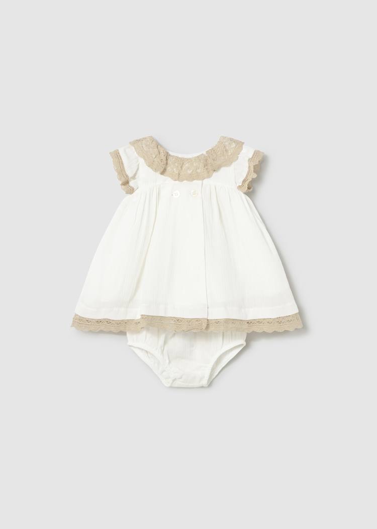 Vestido Bebé Niña Blanco con Encaje y Cubrepañal – Ceremonia, 100% Algodón