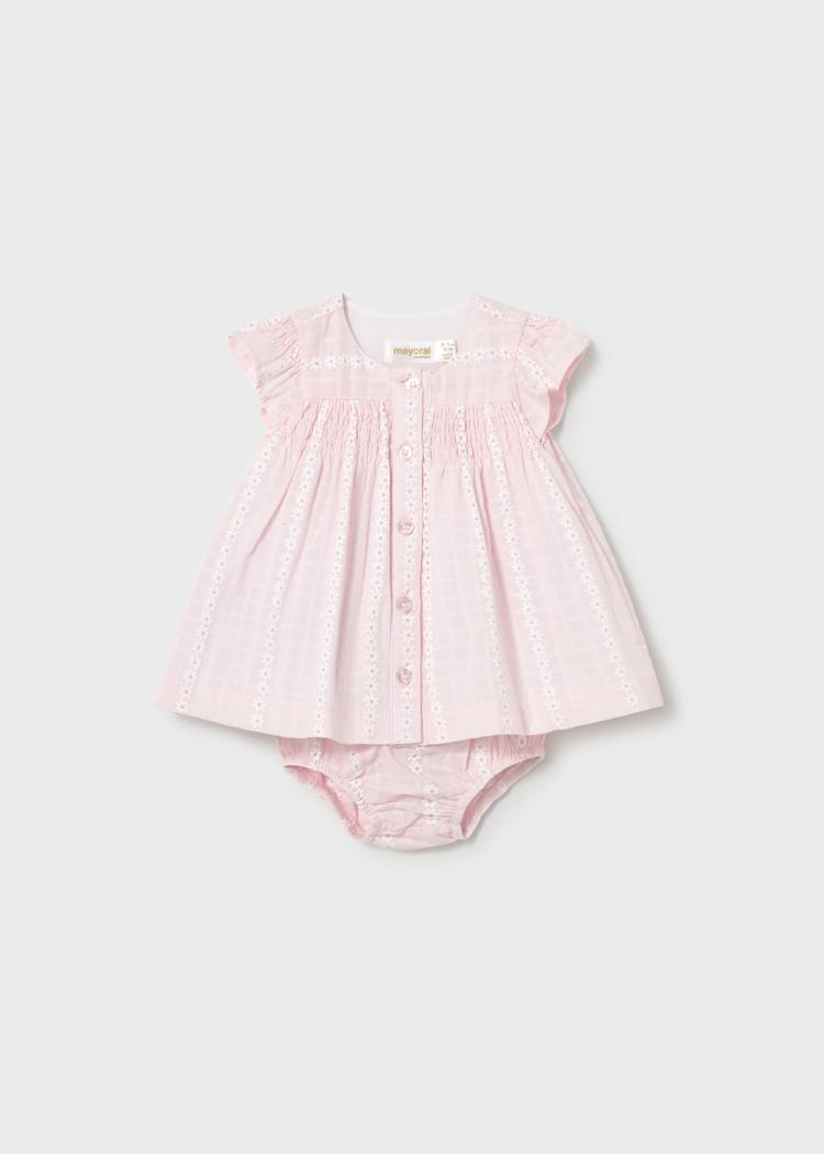 Vestido bebé de gasa rosa con cubrepañal | estampado floral y panal de abeja 🌸