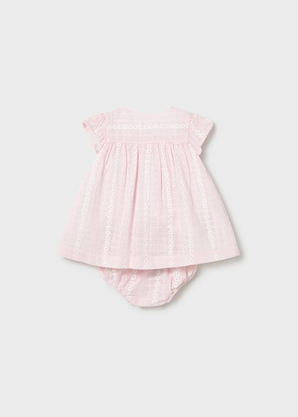 Vestido bebé de gasa rosa con cubrepañal | estampado floral y panal de abeja 🌸